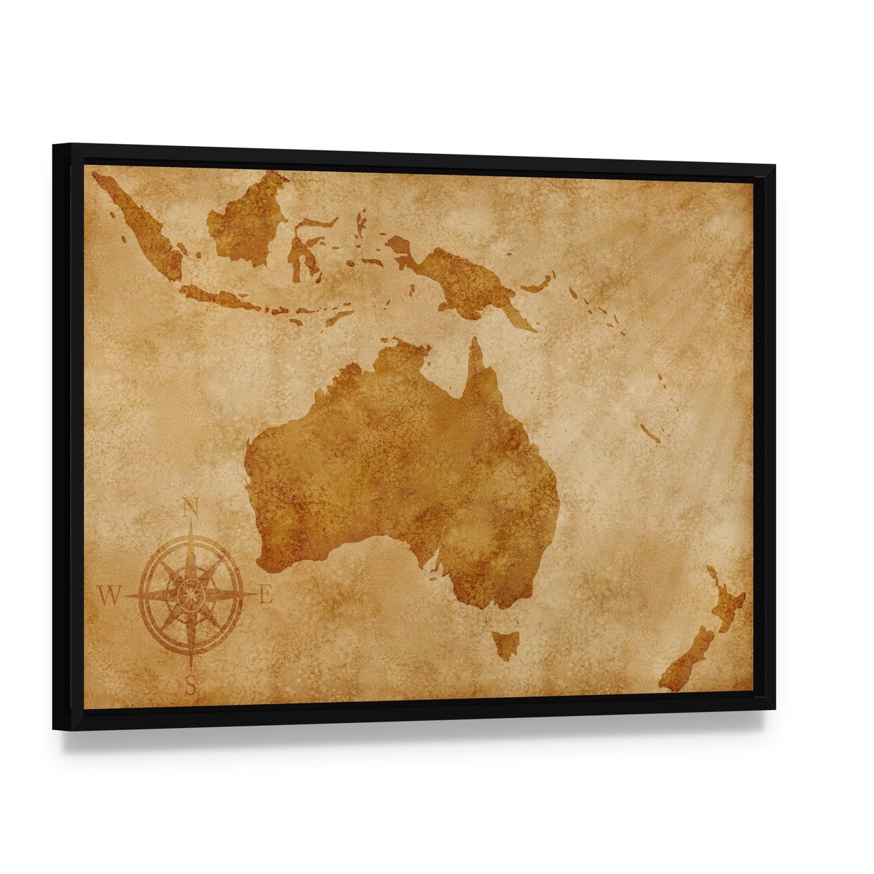 Vintage Grunge Australia Map Canvas Wall Art, framed canvas in a black floater frame, angled product view