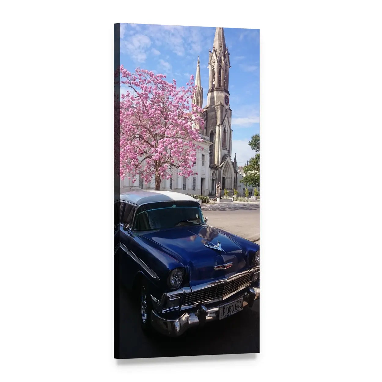 Blue Vintage Car with Church Spire Vertical Canvas Wall Art, 1 panel 1 Vertical layout gallery wrapped canvas set, angled product view