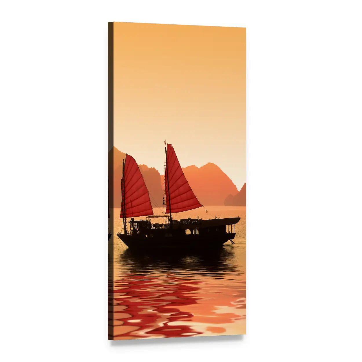 Junk Boat in Vietnam at Sunset Vertical Canvas Wall Art, 1 panel 1 Vertical layout gallery wrapped canvas set, angled product view