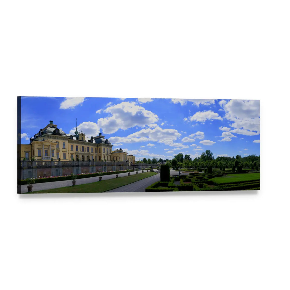 Drottningholm Castle and Formal Gardens Panoramic Canvas Wall Art, single panel gallery wrapped canvas, angled product view