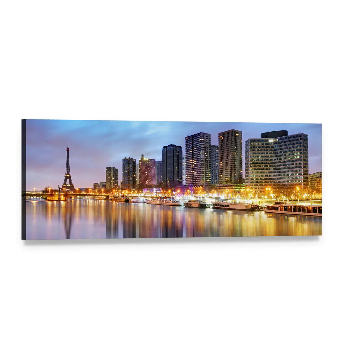 Paris Skyline at Night with Eiffel Tower Panoramic Canvas Wall Art, single panel gallery wrapped canvas, angled product view