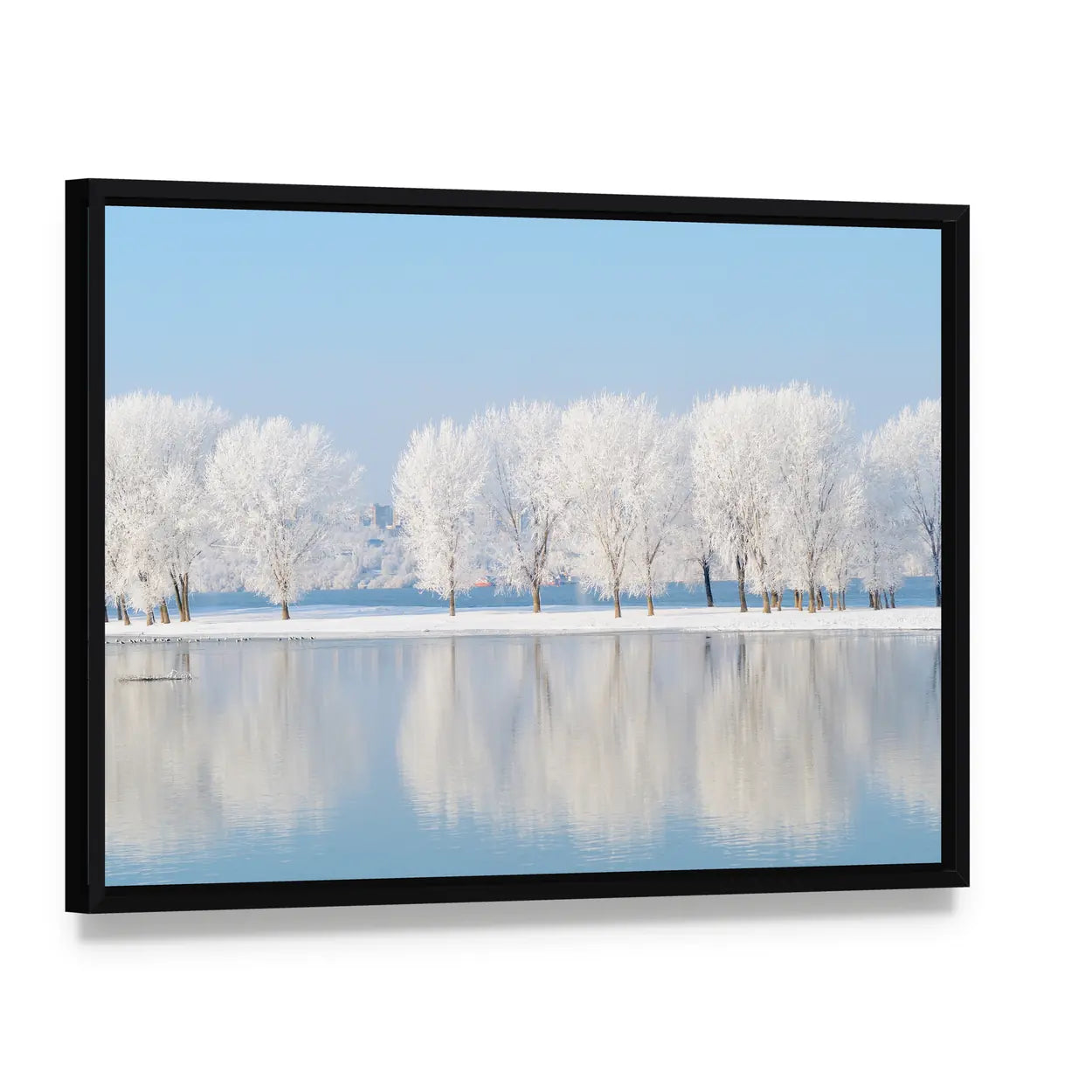Winter Landscape Reflection In Lake Canvas Wall Art, framed canvas in a black floater frame, angled product view