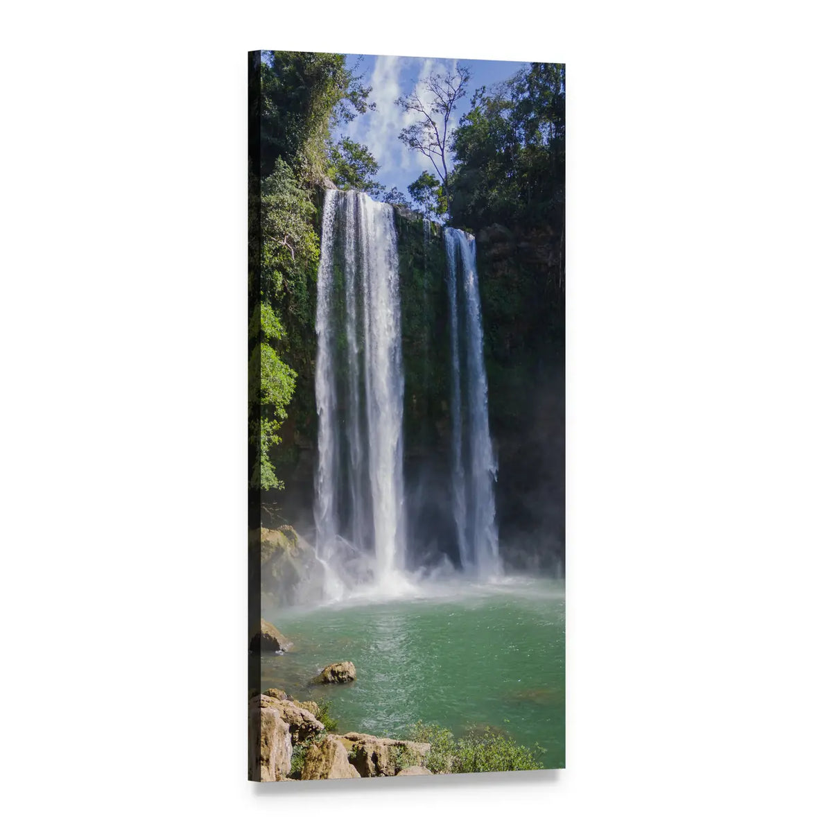 Chiapas Twin Waterfalls with Turquoise Plunge Pool Vertical Canvas Wall Art, 1 panel 1 Vertical layout gallery wrapped canvas set, angled product view