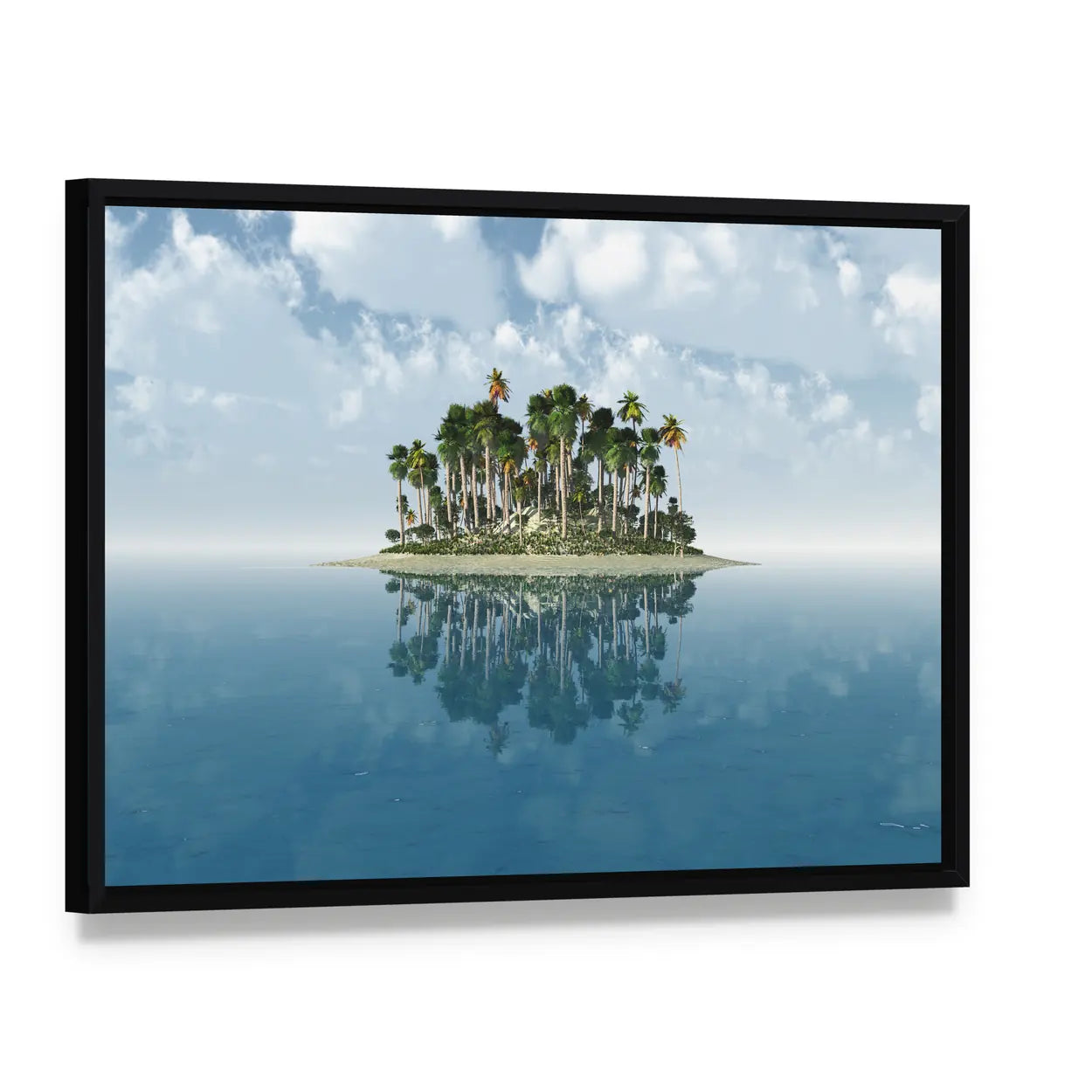 Tropical Island with Mirror Reflection Canvas Wall Art, framed canvas in a black floater frame, angled product view