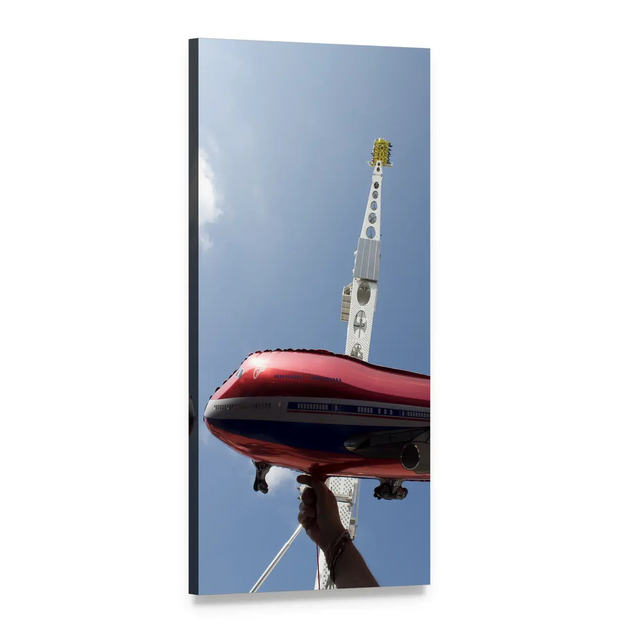 Inflatable Airplane Over Amusement Ride Vertical Canvas Wall Art, 1 panel 1 Vertical layout gallery wrapped canvas set, angled product view