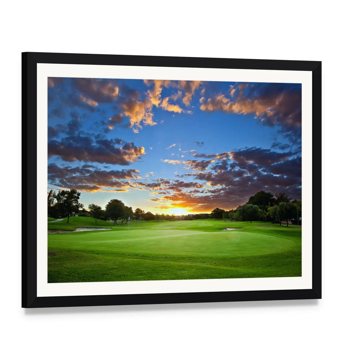 Golf Course at Sunset Canvas Wall Art, framed print with white mat and black frame, angled product view