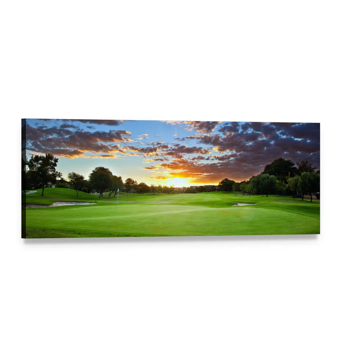 Sunset Over the Golf Course Panoramic Canvas Wall Art, single panel gallery wrapped canvas, angled product view