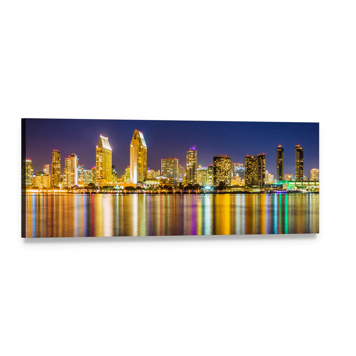 San Diego Night Skyline with Reflections Panoramic Canvas Wall Art, single panel gallery wrapped canvas, angled product view