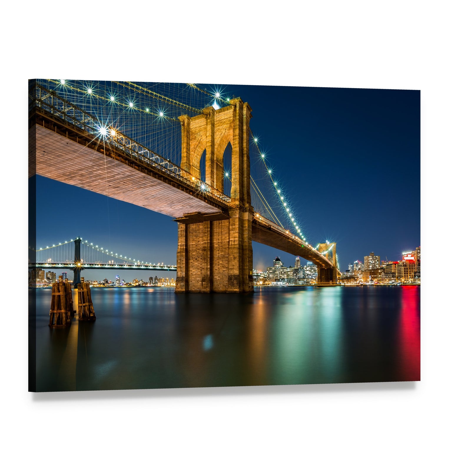 Illuminated Brooklyn Bridge at Night Canvas Wall Art, single panel gallery wrapped canvas, angled product view