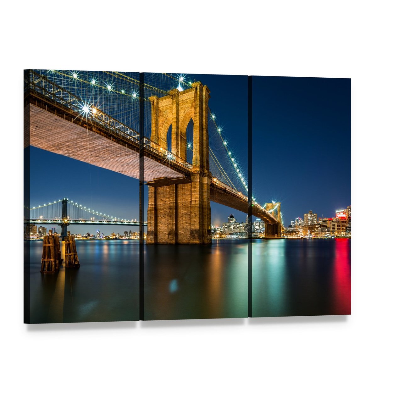 Illuminated Brooklyn Bridge at Night Canvas Wall Art, 3 panel 3 Horizontal layout gallery wrapped canvas set, angled product view