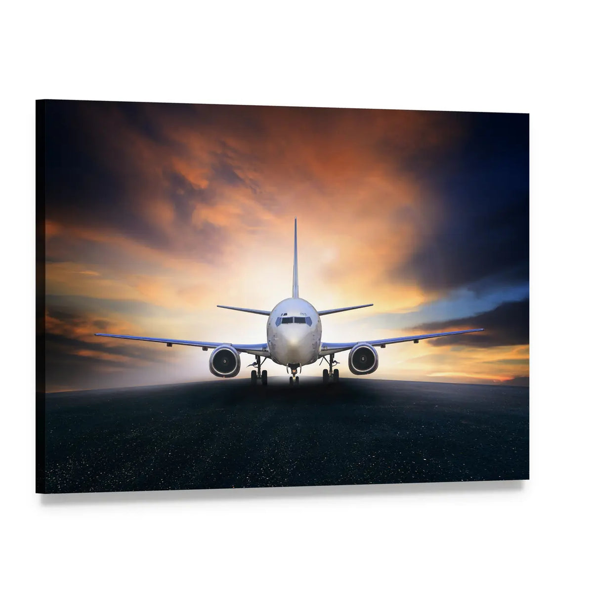 Head-on Airliner at Sunset Canvas Wall Art, single panel gallery wrapped canvas, angled product view