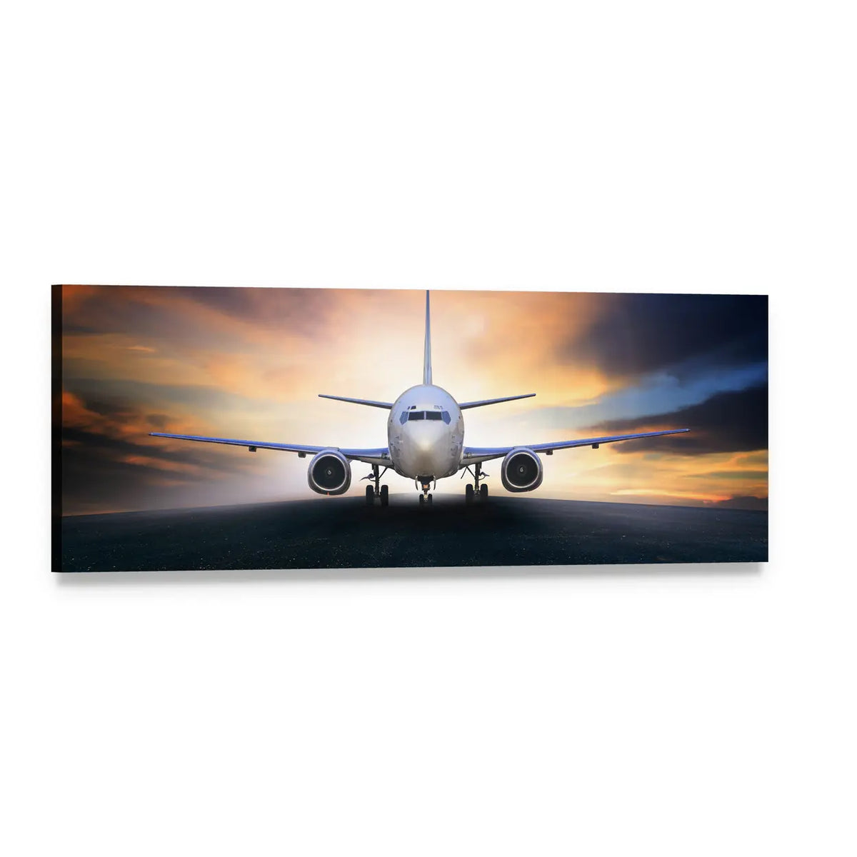 Airplane Ready for Takeoff Panoramic Canvas Wall Art, single panel gallery wrapped canvas, angled product view
