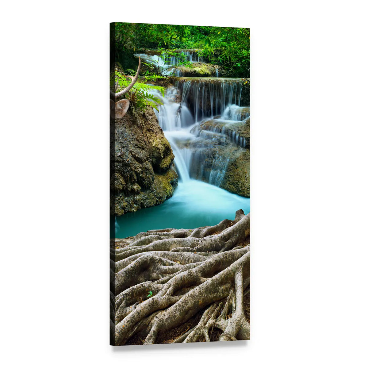 Limestone Waterfalls with Tree Roots Vertical Canvas Wall Art, 1 panel 1 Vertical layout gallery wrapped canvas set, angled product view