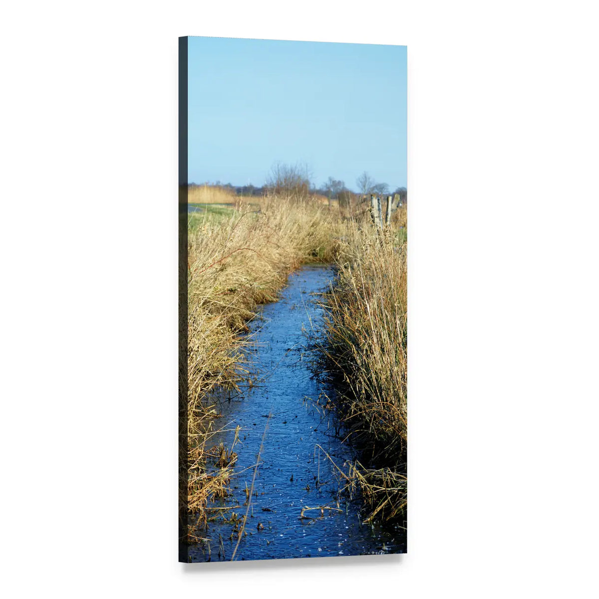 Partially Frozen Marsh Creek in Winter Vertical Canvas Wall Art, 1 panel 1 Vertical layout gallery wrapped canvas set, angled product view