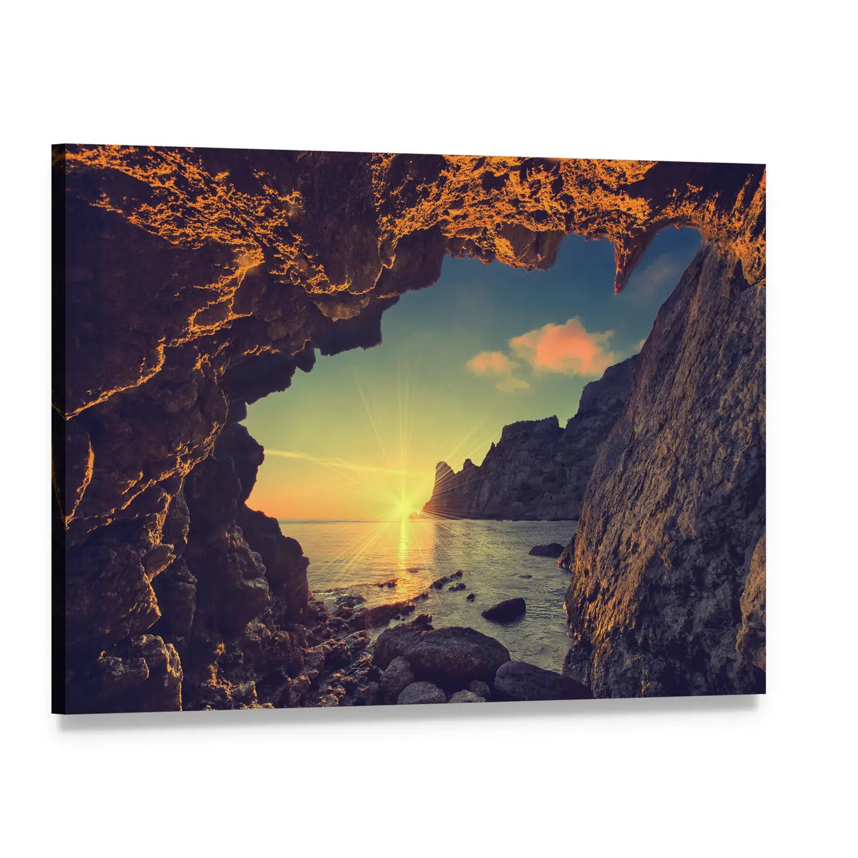 Sunrise Through Mountain Cave Canvas Wall Art, single panel gallery wrapped canvas, angled product view