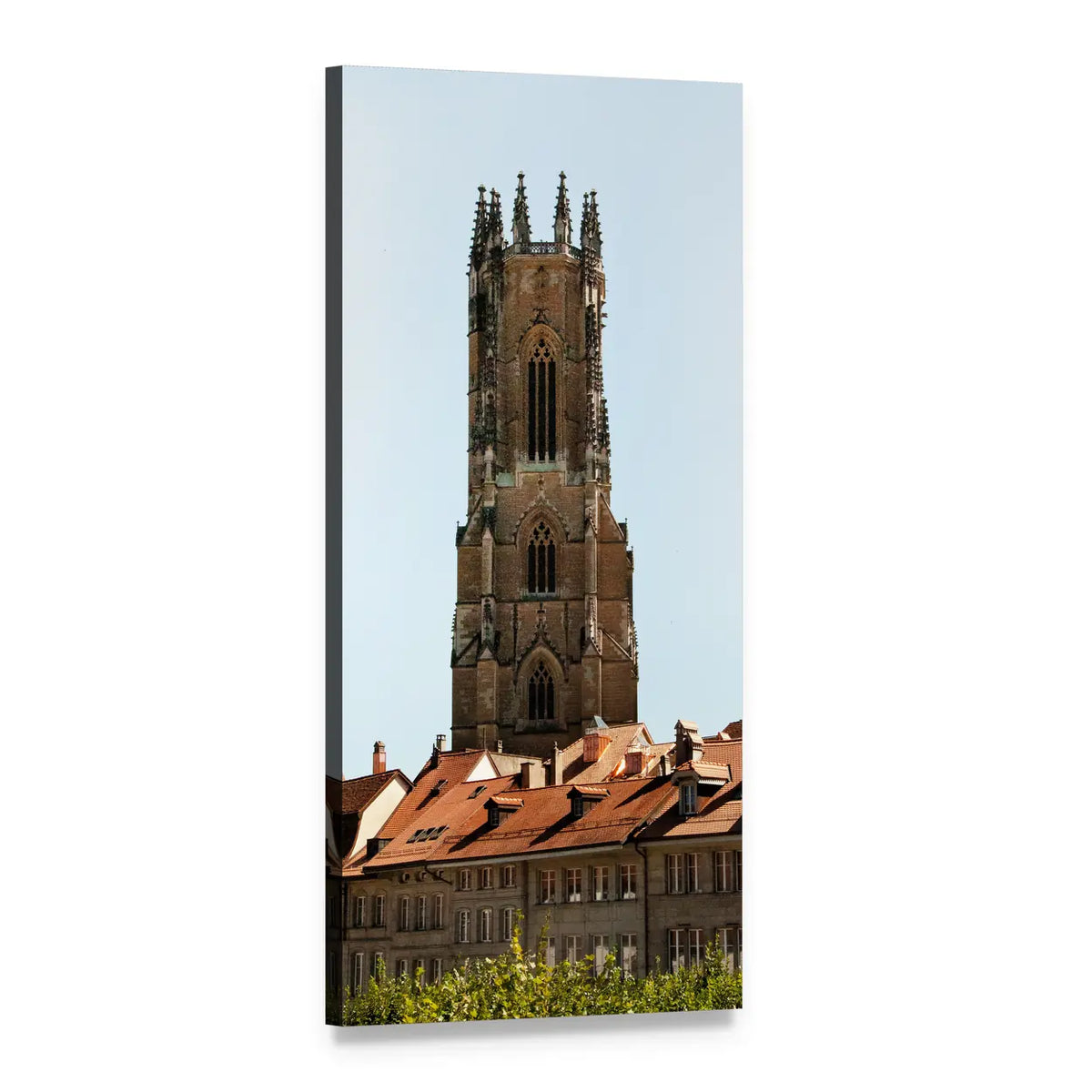 Gothic Cathedral Tower Over Terracotta Rooftops Vertical Canvas Wall Art, 1 panel 1 Vertical layout gallery wrapped canvas set, angled product view