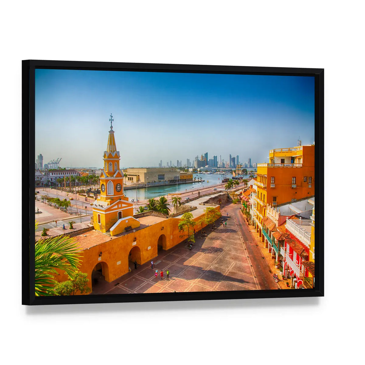 Clock Tower Gate, Colombia Canvas Wall Art, framed canvas in a black floater frame, angled product view