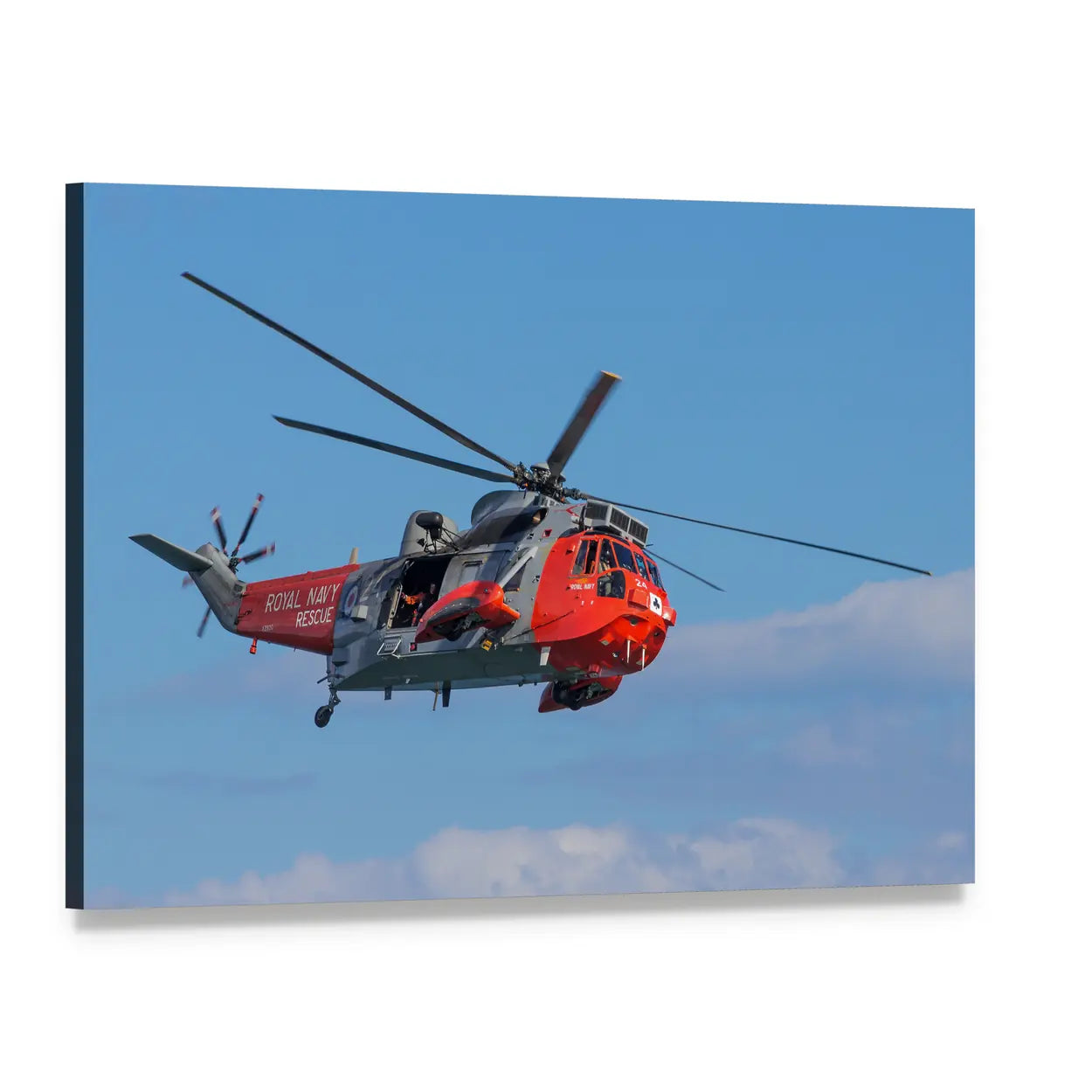 Royal Navy Sea King Search and Rescue Helicopter Canvas Wall Art, single panel gallery wrapped canvas, angled product view