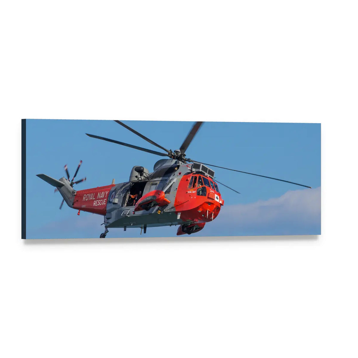 Royal Navy Sea King Rescue Helicopter Panoramic Canvas Wall Art, single panel gallery wrapped canvas, angled product view