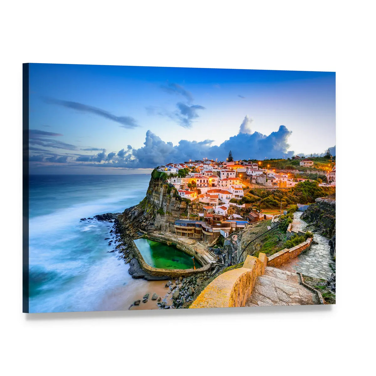 Portugal Coastal Village with Ocean Pool Canvas Wall Art, single panel gallery wrapped canvas, angled product view