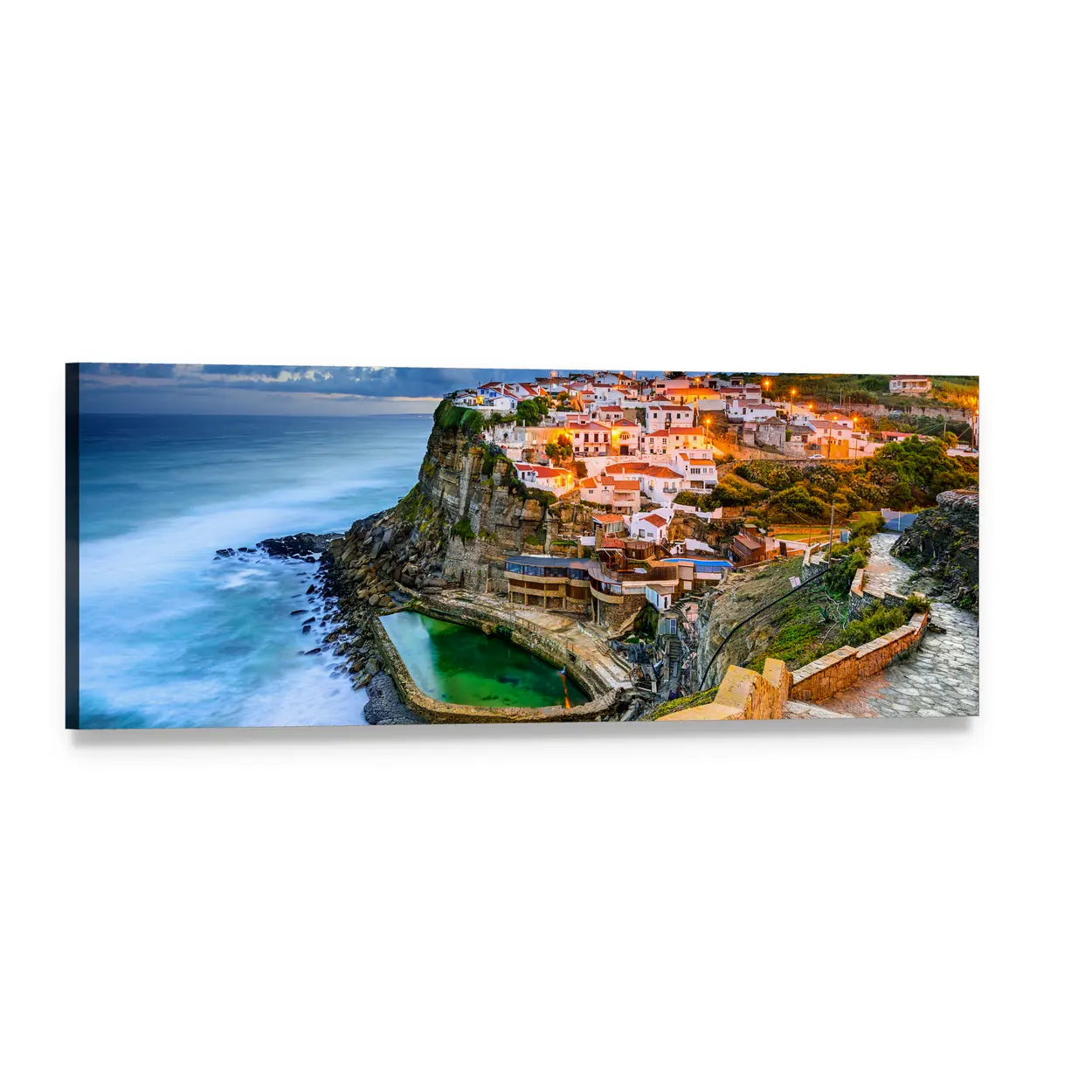 Portugal Cliffside Town at Dusk Panoramic Canvas Wall Art, single panel gallery wrapped canvas, angled product view
