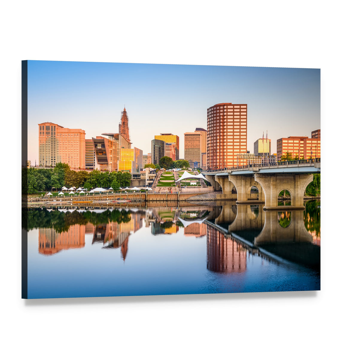 Hartford City Skyline at Sunset Canvas Wall Art, single panel gallery wrapped canvas, angled product view