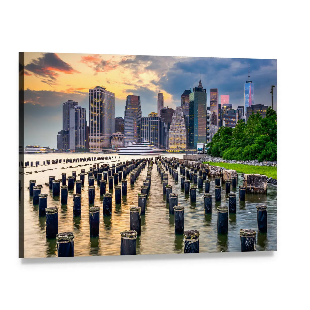 New York City Skyline Over the East River Canvas Wall Art, single panel gallery wrapped canvas, angled product view