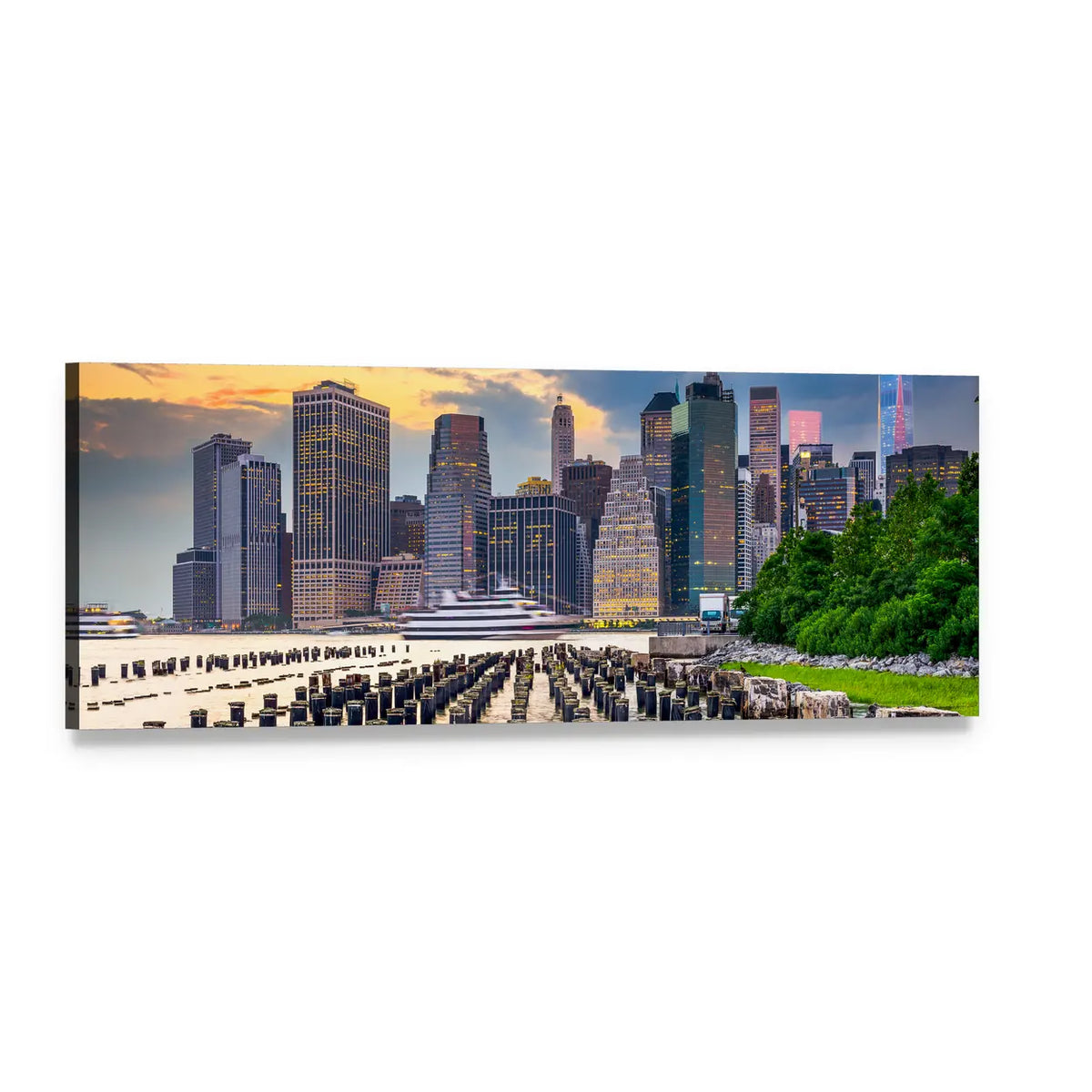New York Skyline Over East River Panoramic Canvas Wall Art, single panel gallery wrapped canvas, angled product view