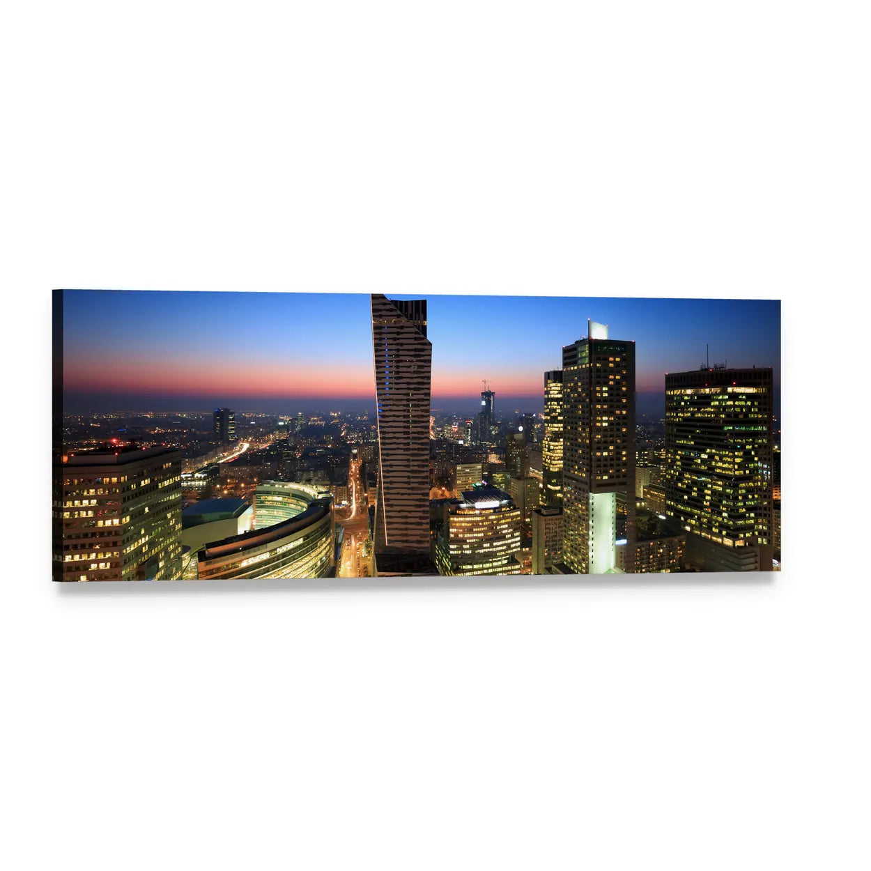 Warsaw City Center at Sunset Panoramic Canvas Wall Art, single panel gallery wrapped canvas, angled product view