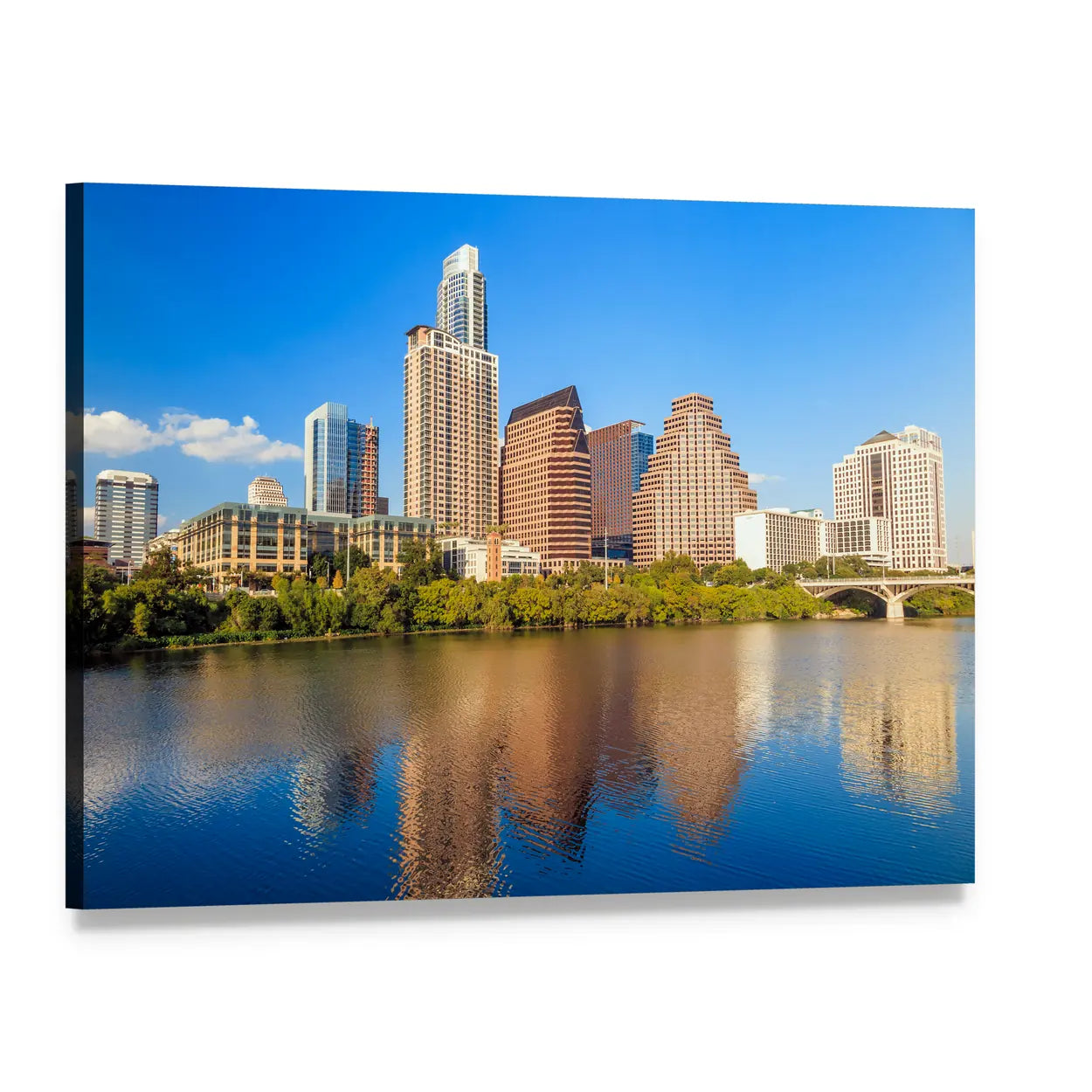 Austin Texas Downtown Skyline Canvas Wall Art, single panel gallery wrapped canvas, angled product view