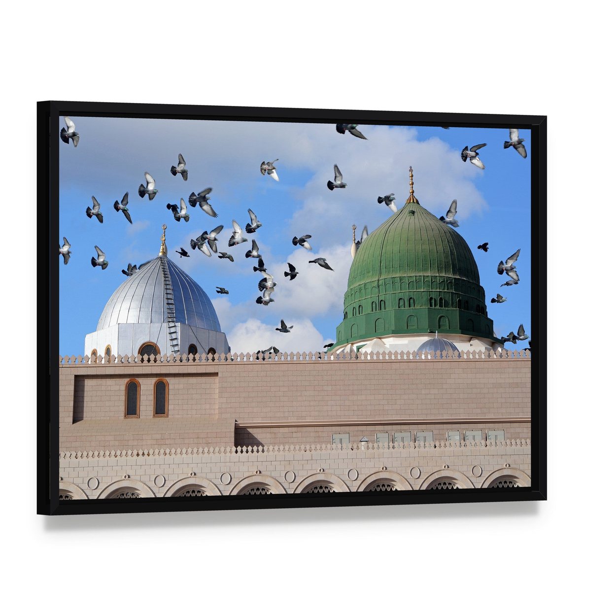 Prophet Muhammed Holy Mosque Domes Canvas Wall Art, framed canvas in a black floater frame, angled product view