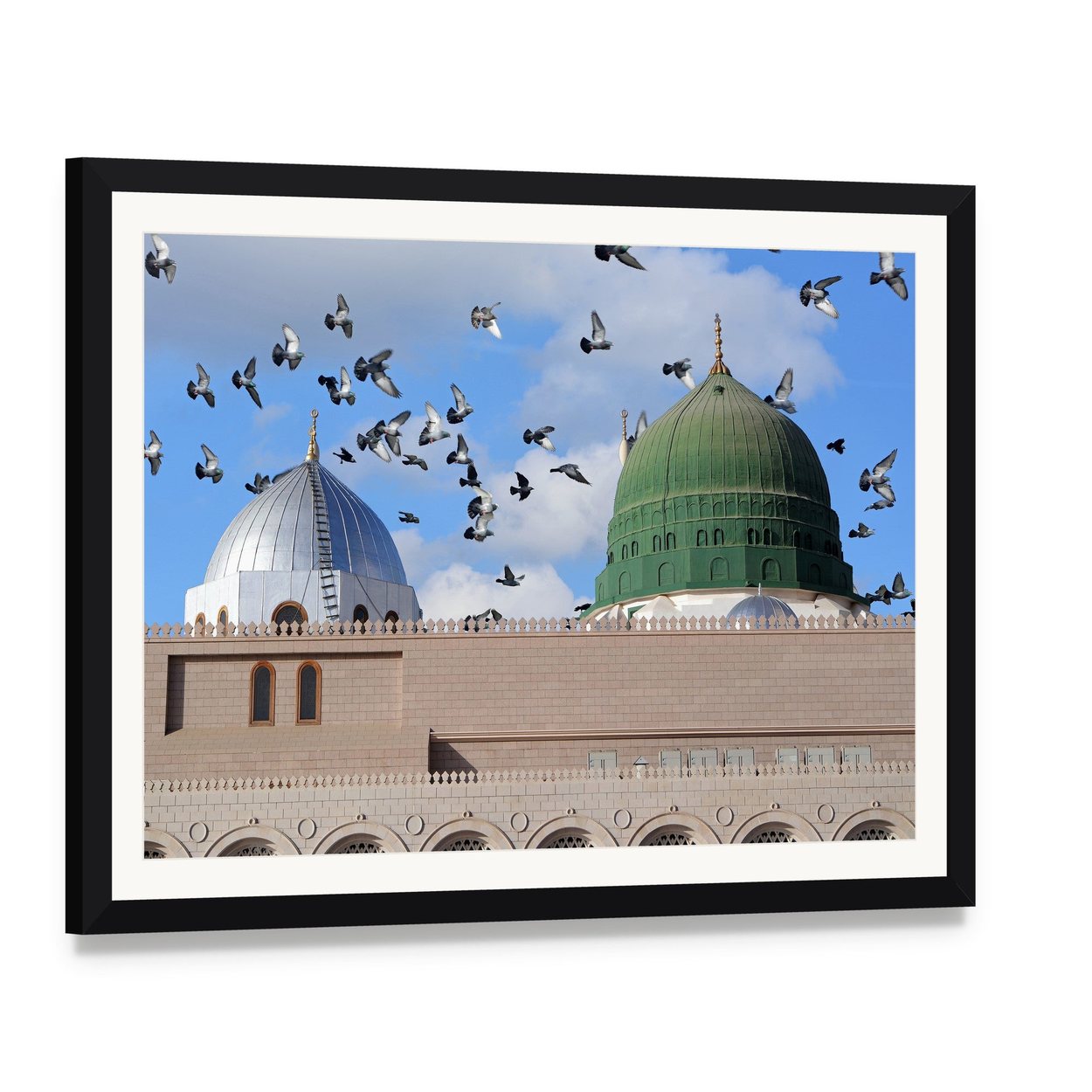 Prophet Muhammed Holy Mosque Domes Canvas Wall Art, framed print with white mat and black frame, angled product view