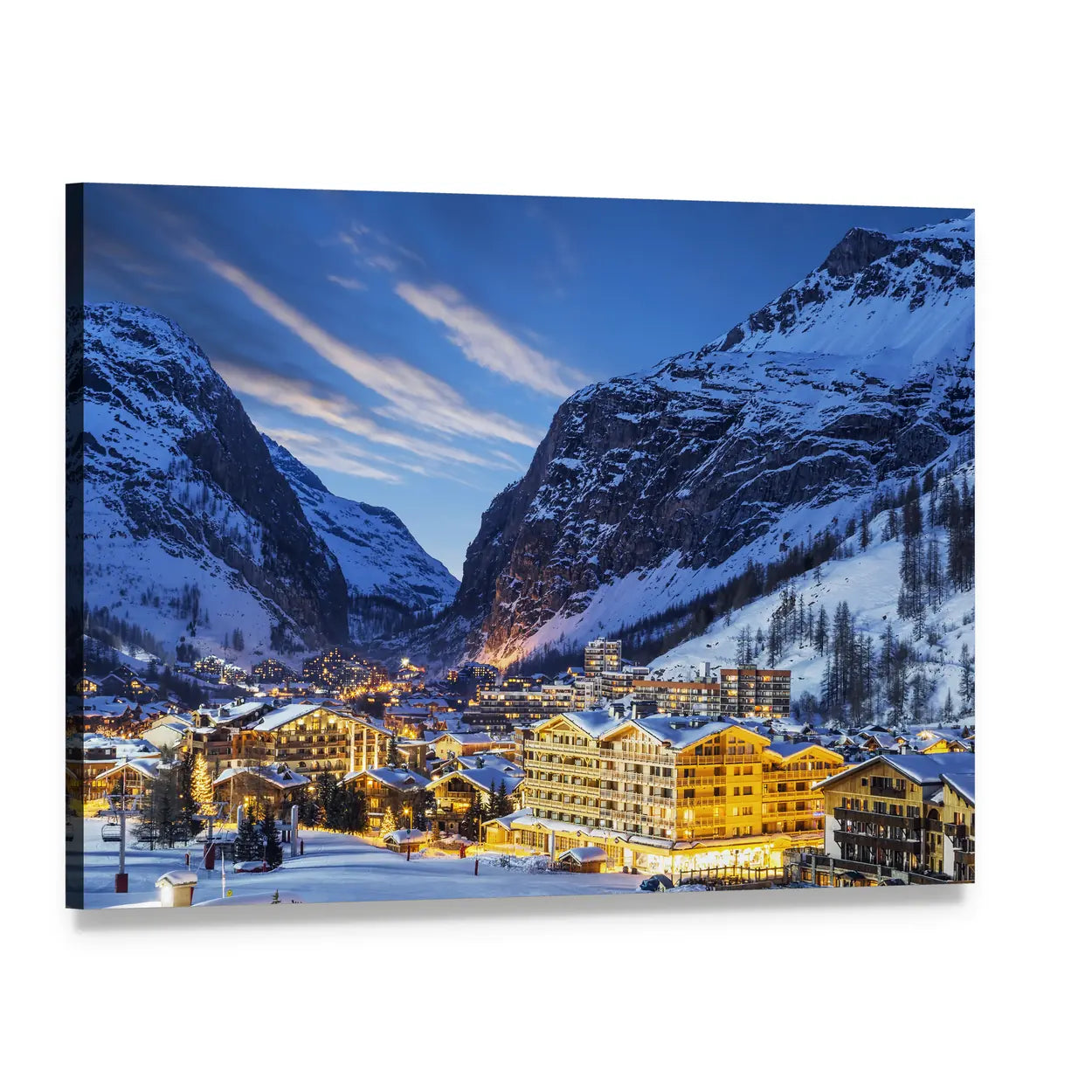 Ski Village in the French Alps at Twilight Canvas Wall Art, single panel gallery wrapped canvas, angled product view