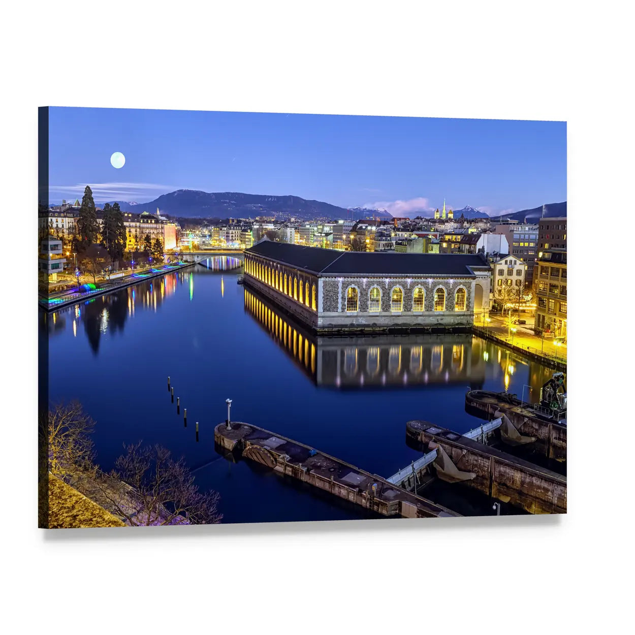 Cathedral Tower Beside Rhone River at Night Canvas Wall Art, single panel gallery wrapped canvas, angled product view