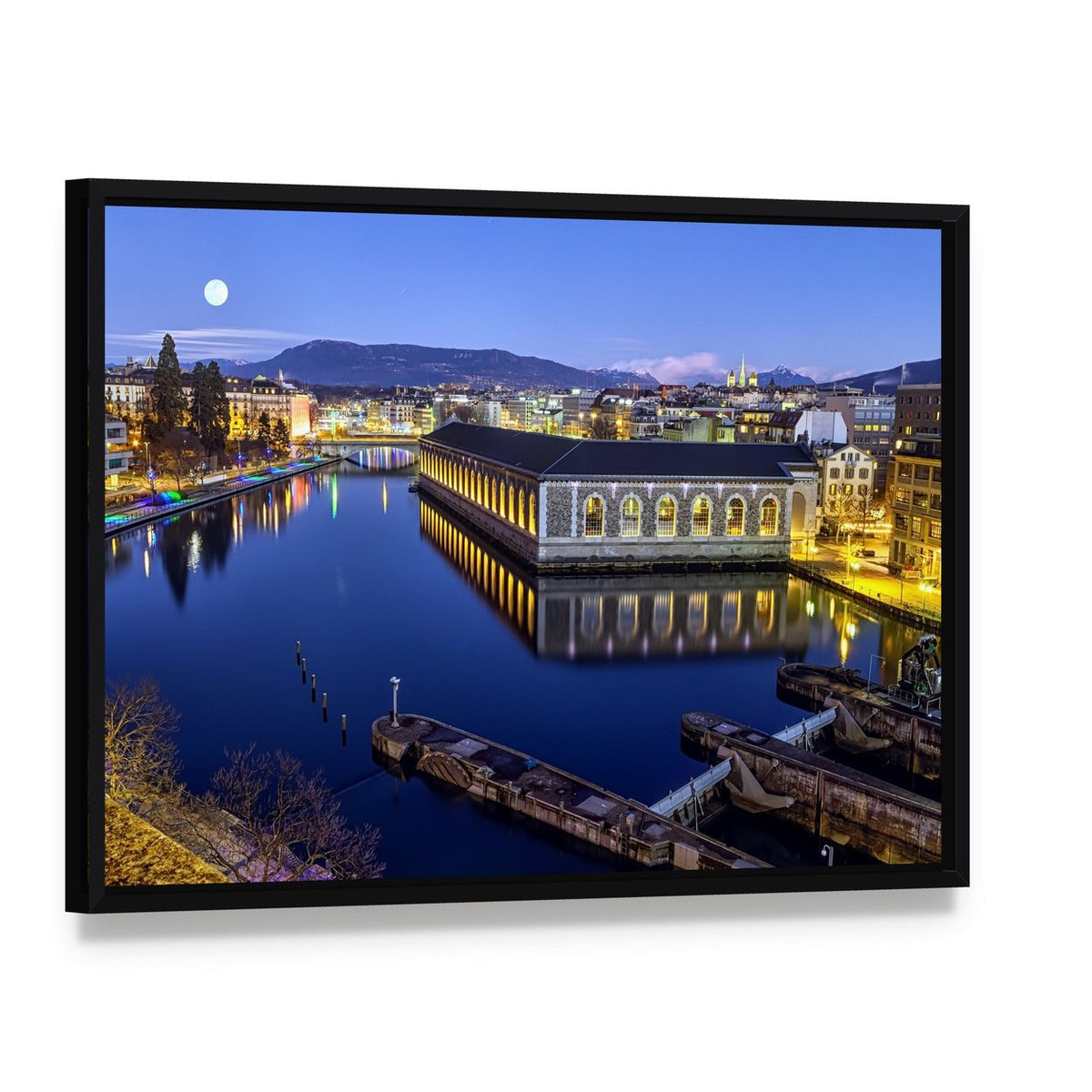 Cathedral Tower and Rhone River Canvas Wall Art, framed canvas in a black floater frame, angled product view