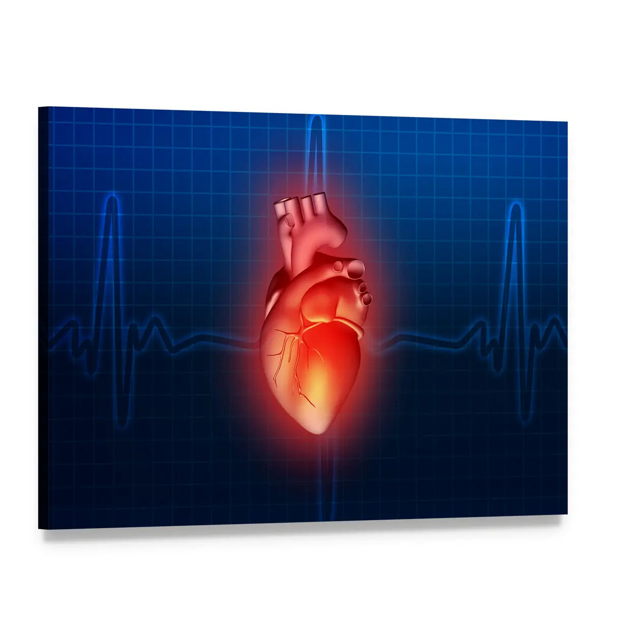 Glowing Red Heart with Ekg Graph Canvas Wall Art, single panel gallery wrapped canvas, angled product view