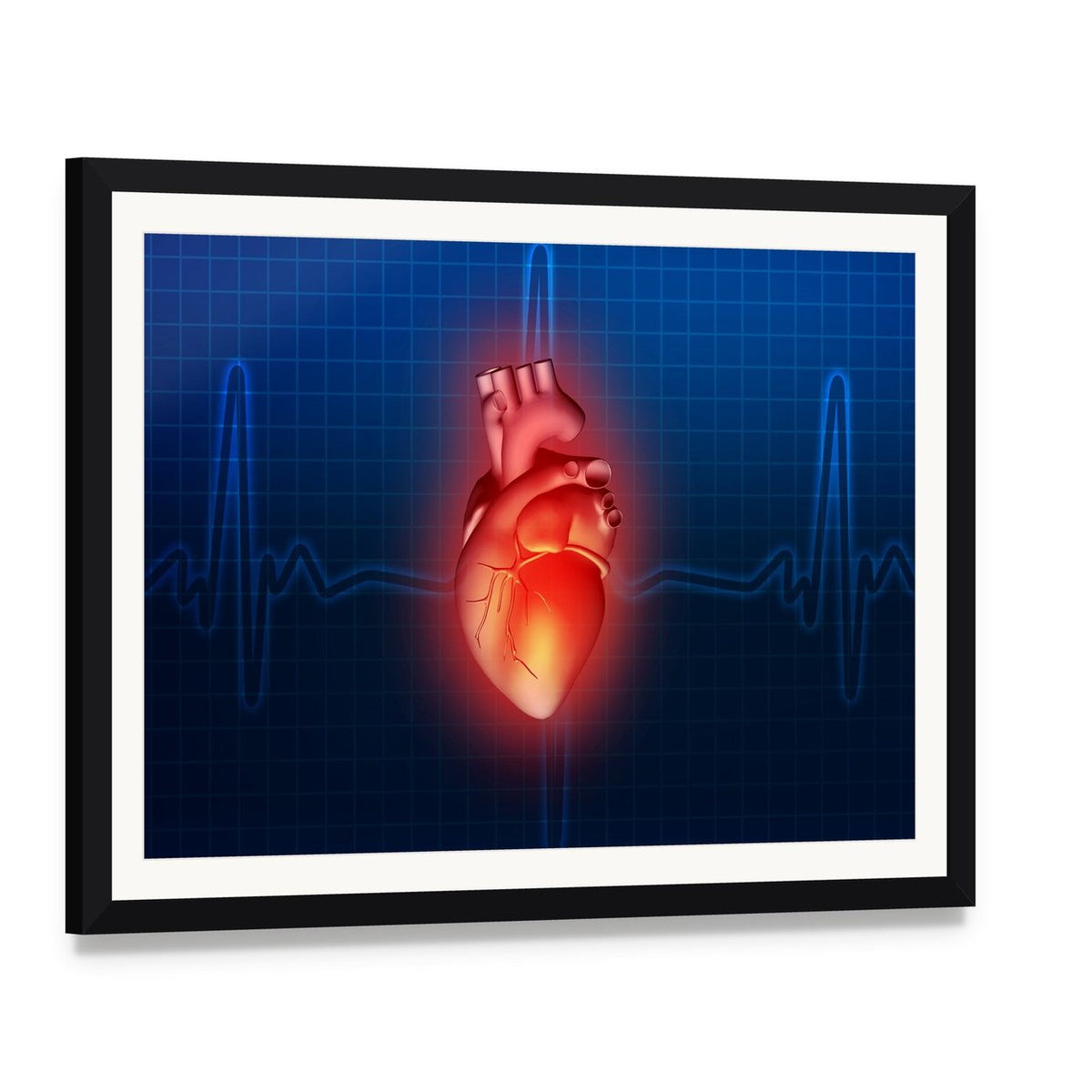 Glowing Anatomical Heart with Ecg Overlay Canvas Wall Art, framed print with white mat and black frame, angled product view