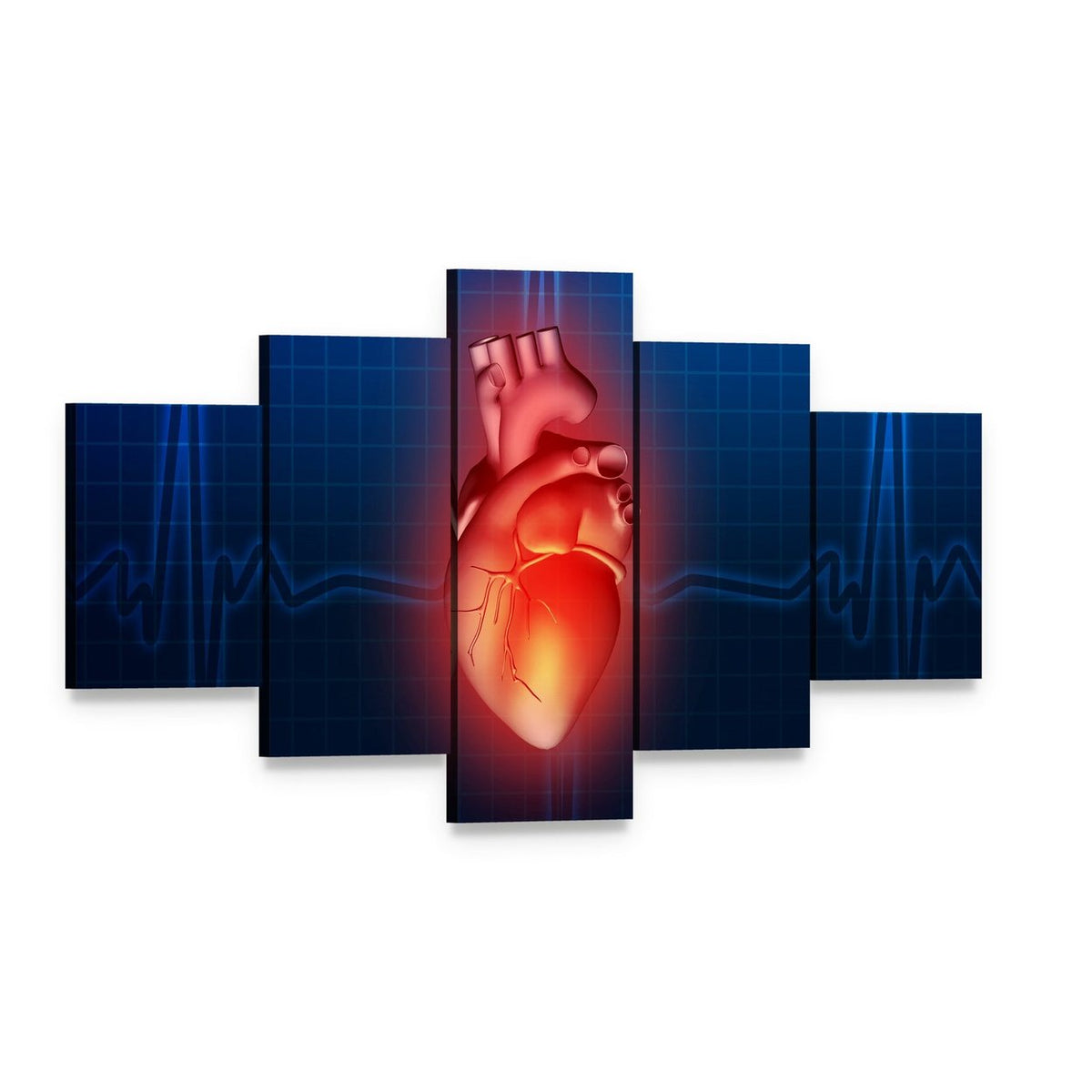 Glowing Anatomical Heart with Ecg Overlay Canvas Wall Art, 5 panel 5 Star layout gallery wrapped canvas set, angled product view