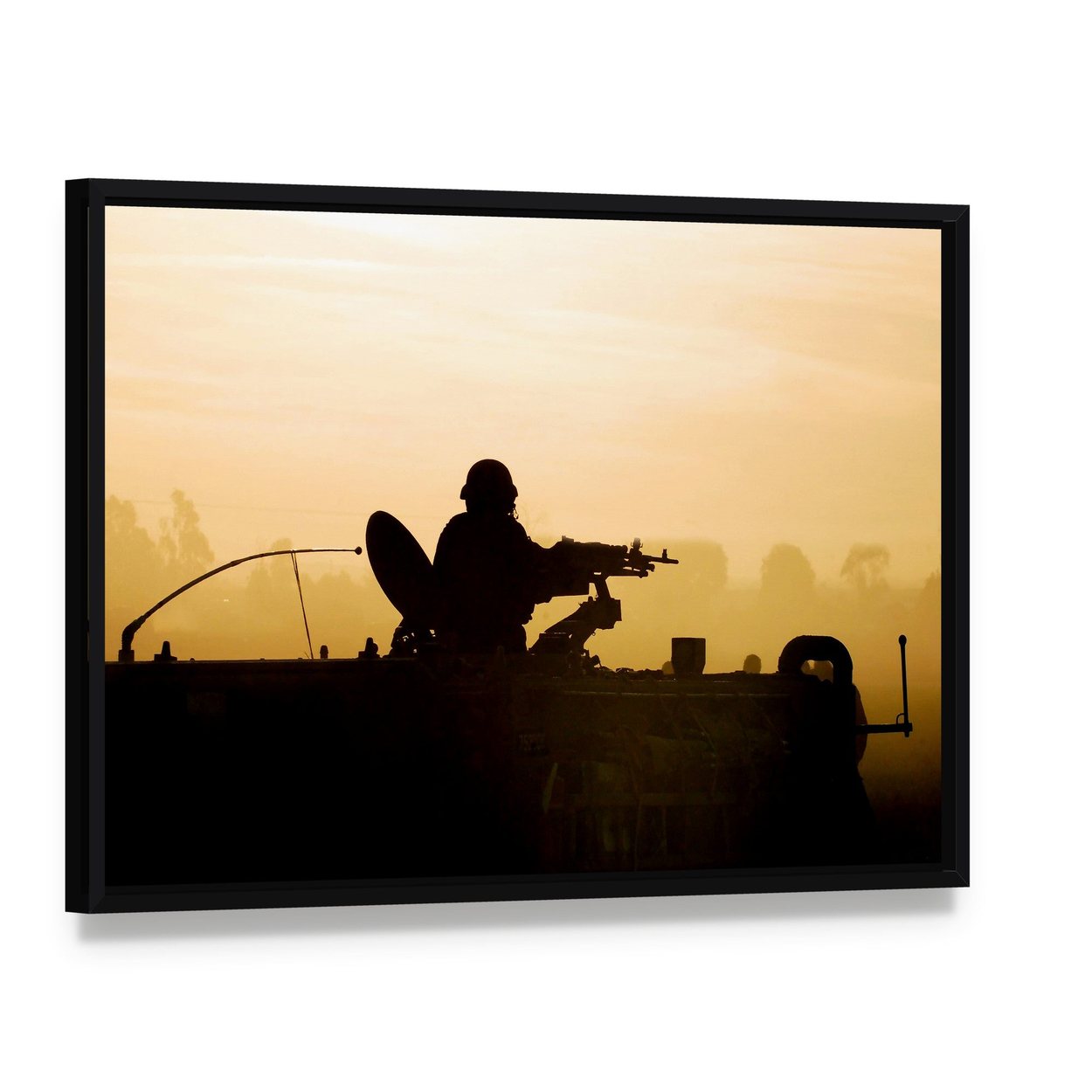 Soldier Preparing His Tank Canvas Wall Art, framed canvas in a black floater frame, angled product view