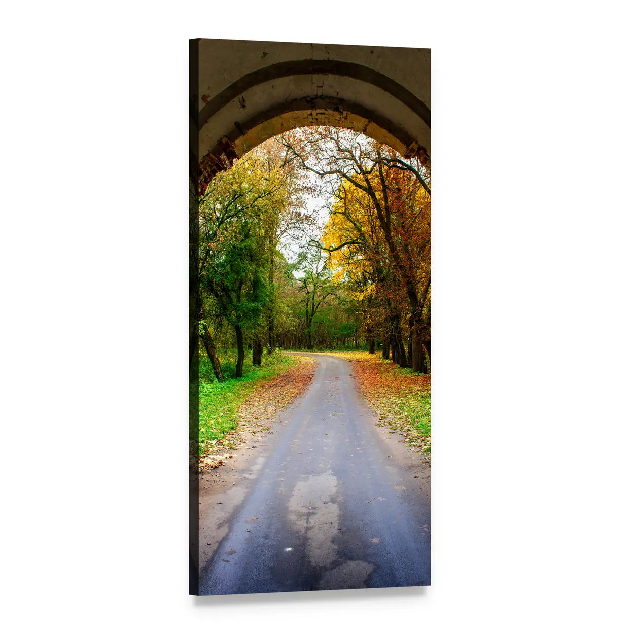 Tree-lined Autumn Path with Archway Vertical Canvas Wall Art, 1 panel 1 Vertical layout gallery wrapped canvas set, angled product view