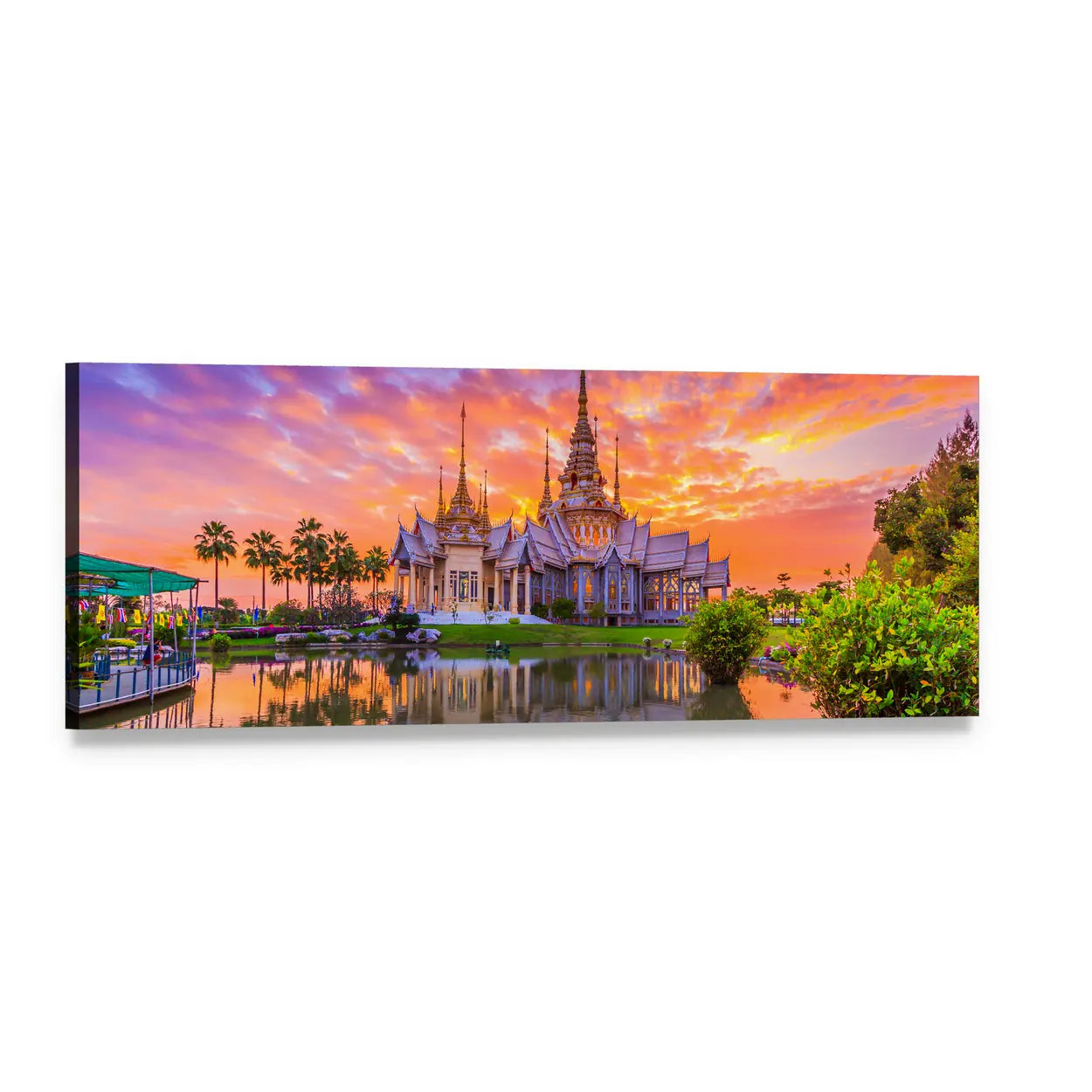 Wat Thai Temple Sunset Reflection Panoramic Canvas Wall Art, single panel gallery wrapped canvas, angled product view