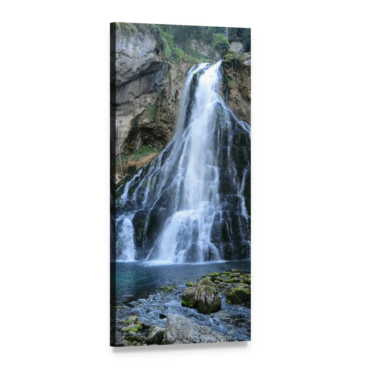 Golling Waterfall Over Mossy Rocks Vertical Canvas Wall Art, 1 panel 1 Vertical layout gallery wrapped canvas set, angled product view