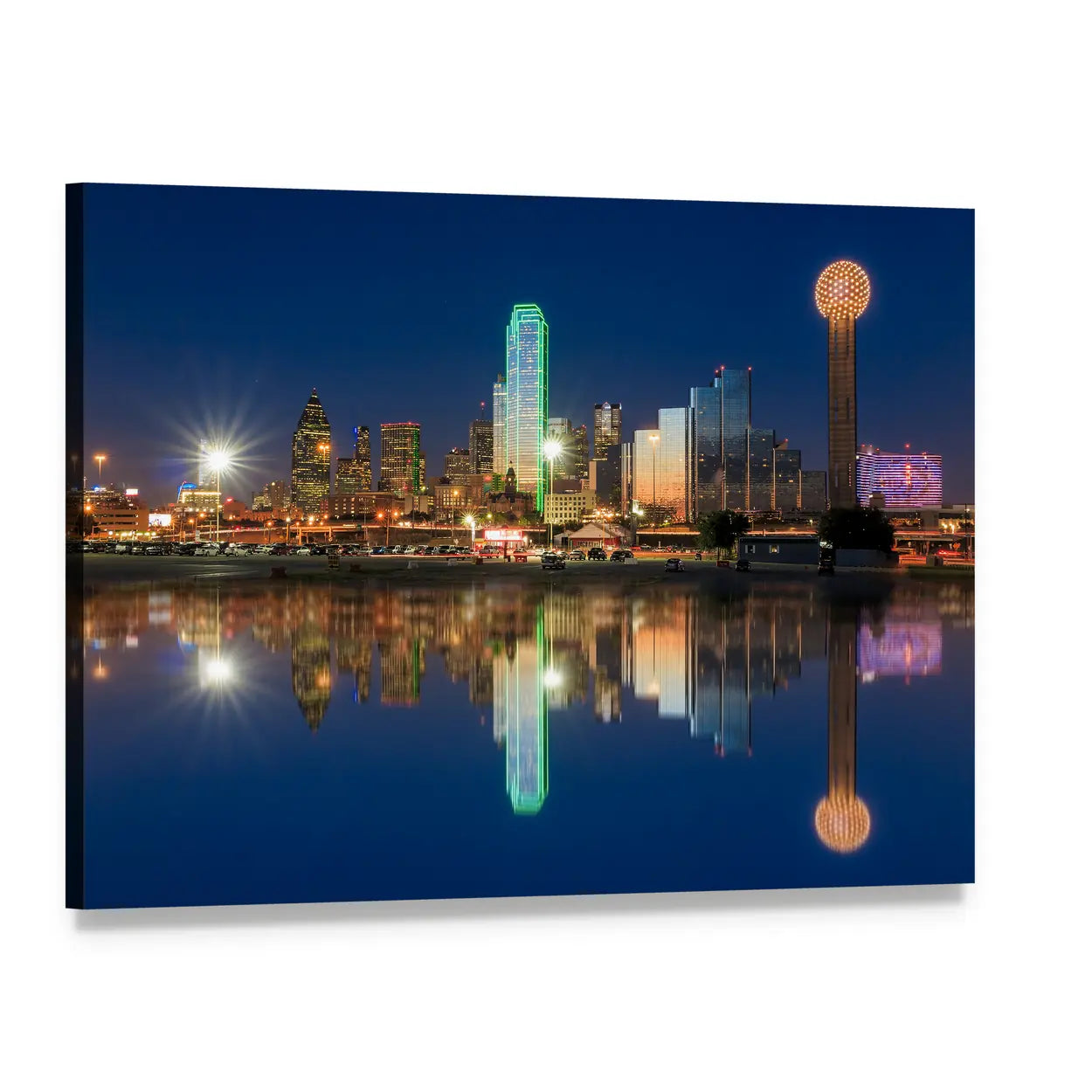 Dallas Skyline at Night Canvas Wall Art, single panel gallery wrapped canvas, angled product view