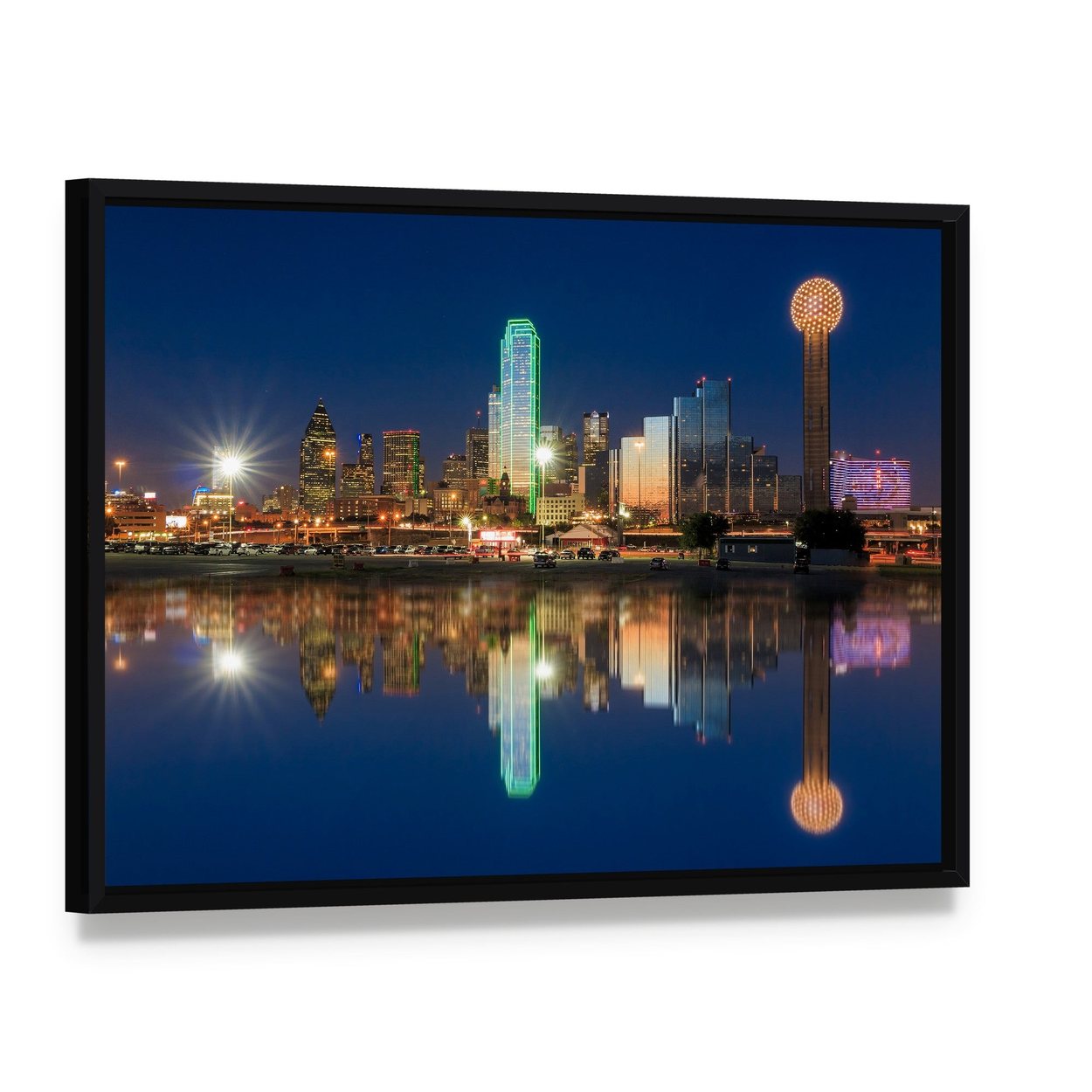 Dallas Skyline with Reunion Tower at Night Canvas Wall Art, framed canvas in a black floater frame, angled product view