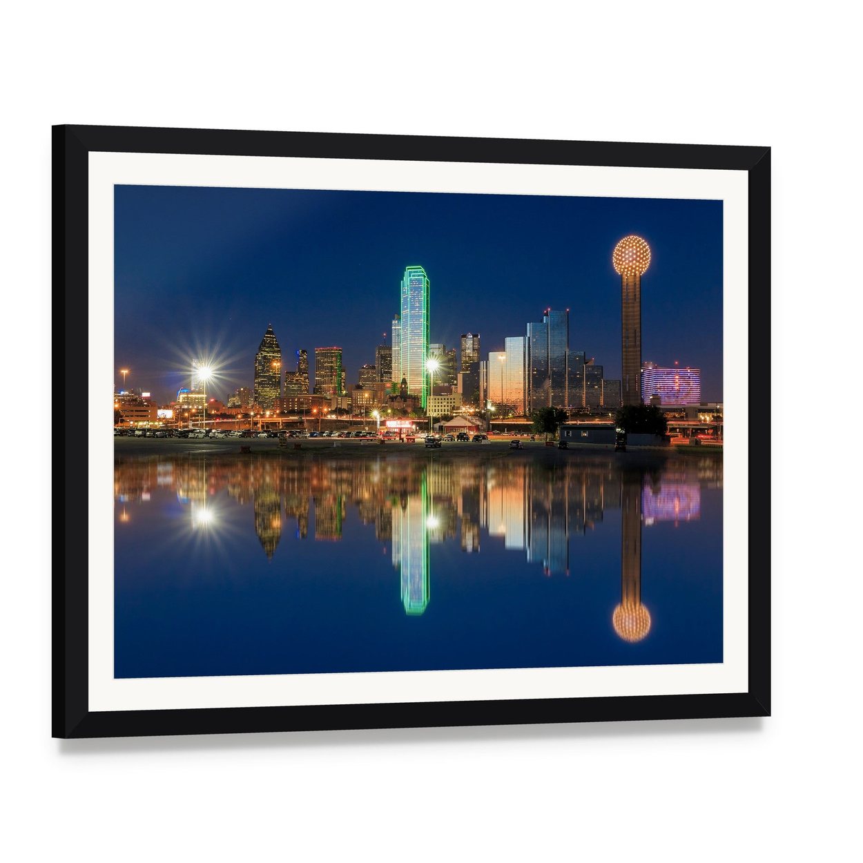 Dallas Skyline with Reunion Tower at Night Canvas Wall Art, framed print with white mat and black frame, angled product view