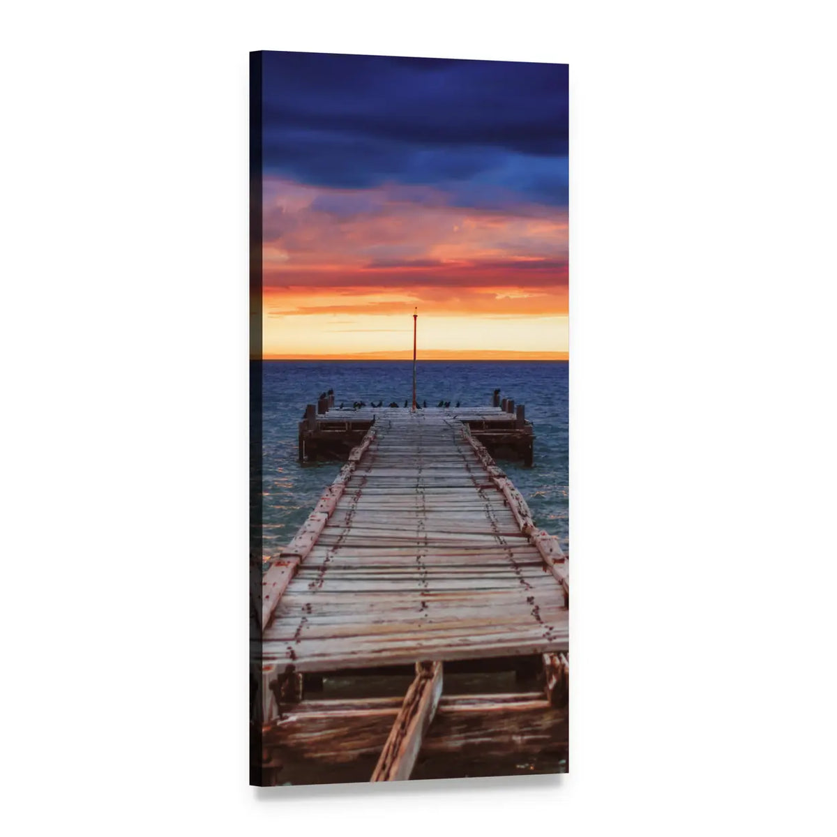 Wooden Pier Over Ocean at Sunset Vertical Canvas Wall Art, 1 panel 1 Vertical layout gallery wrapped canvas set, angled product view
