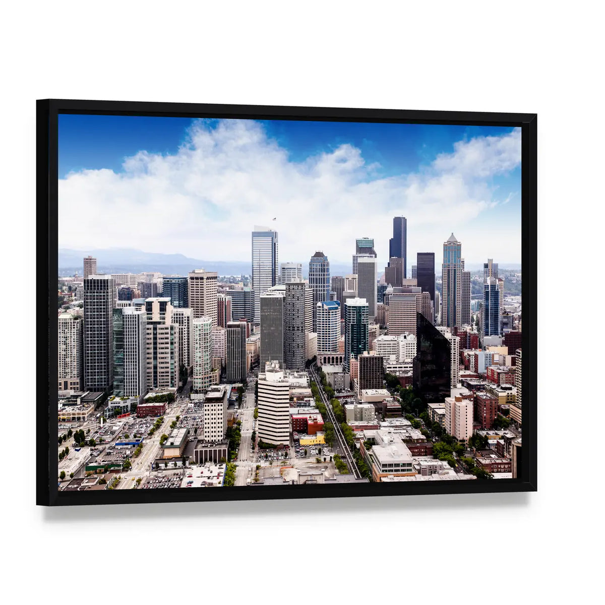 Seattle Cityscape Canvas Wall Art, framed canvas in a black floater frame, angled product view