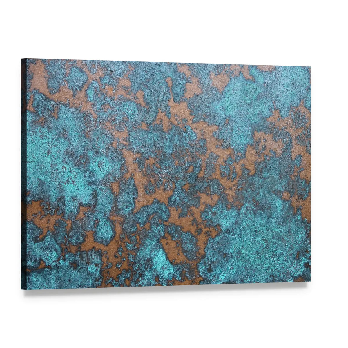 Aqua Rust Abstract Canvas Wall Art, single panel gallery wrapped canvas, angled product view