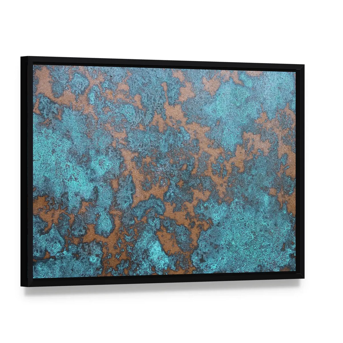 Aqua Rust Abstract Canvas Wall Art, framed canvas in a black floater frame, angled product view