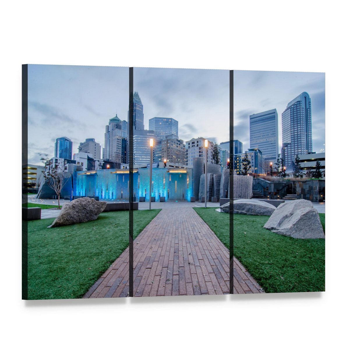 Early Morning City Pathway with Skyline Canvas Wall Art, 3 panel 3 Horizontal layout gallery wrapped canvas set, angled product view